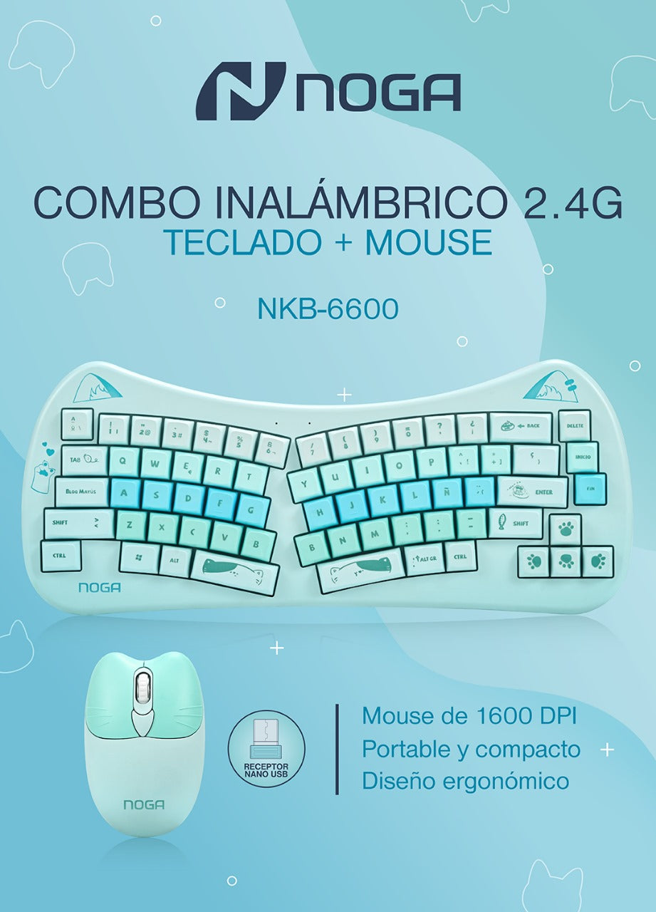 Combo Inalámbrico Noga NKB-6600 Teclado Ergonómico y Mouse Celeste [Mayorista]