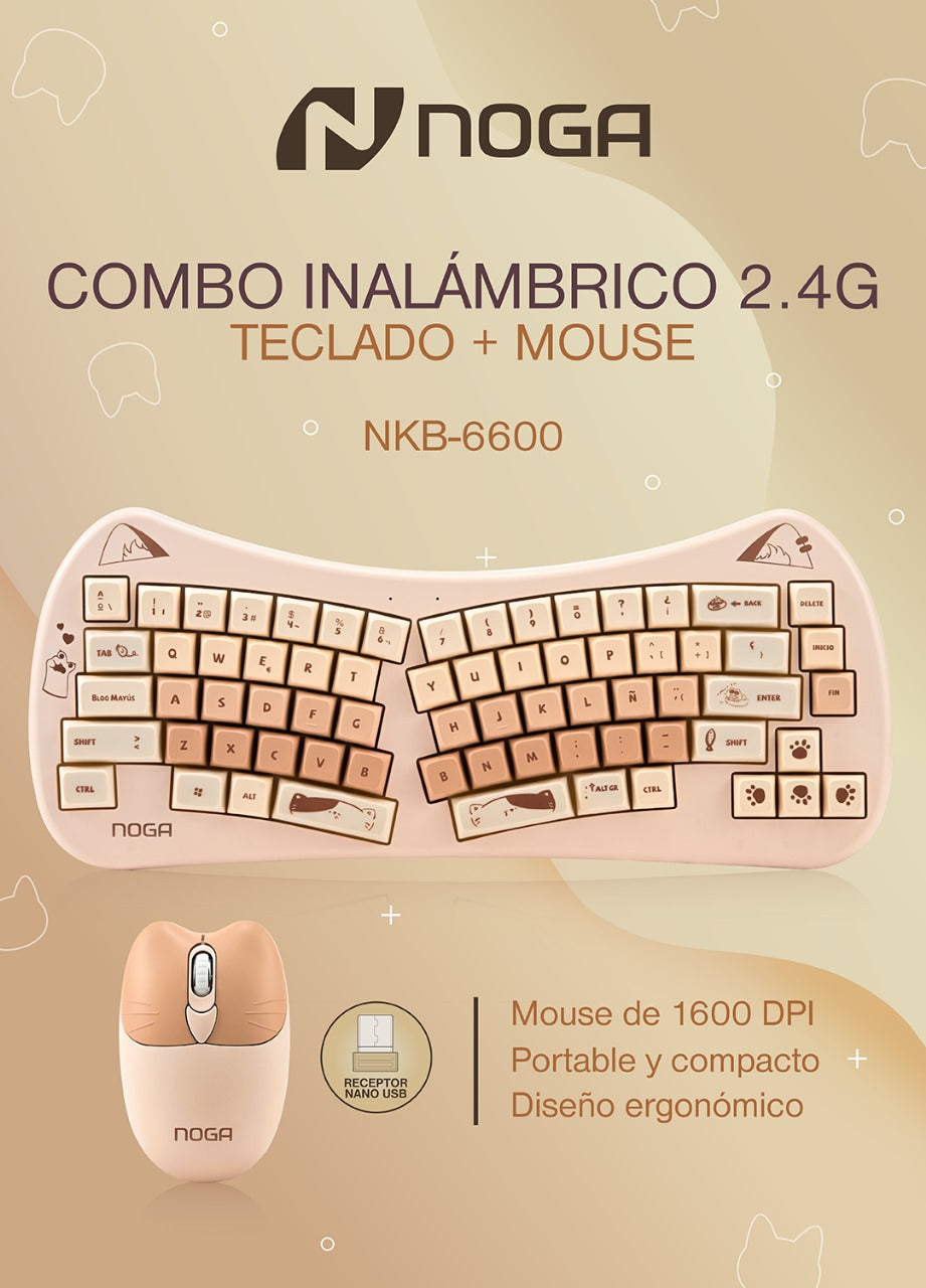 Combo Inalámbrico Noga NKB-6600 Teclado Ergonómico y Mouse Beige [Mayorista]