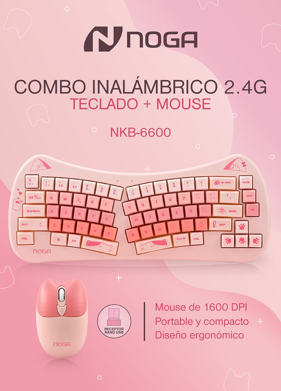 Combo Inalámbrico Noga NKB-6600 Teclado Ergonómico y Mouse Rosa [Mayorista]